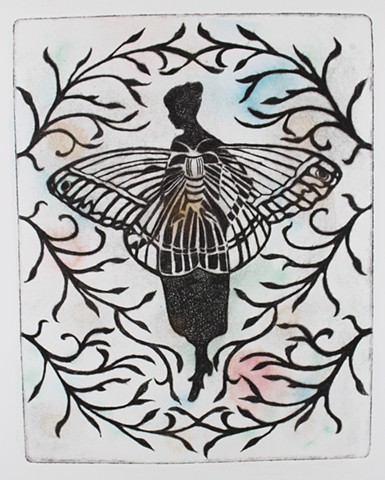 Drypoint Etching, "Moth Woman"  by Lesley Patterson-Marx