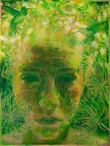 Green expressive contemporary portrait painting of woman, plants, and hummingbirds