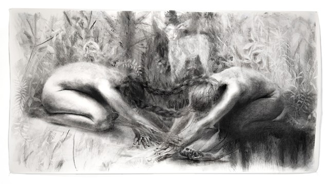 Contemporary mixed media drawing of deer emerging from ethereal landscape, exploring interspecies encounter and ecological vulnerability through layered charcoal and wash techniques