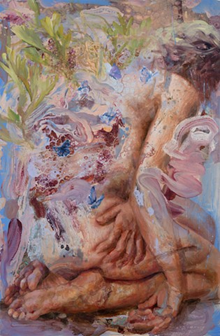 Contact Zone 20 | Mixed media on canvas | 24x16 Inches | 2025 Figurative hybrid painting merging human form with botanical elements through layered acrylic. This feminist ecological artwork explores interspecies entanglement and the dissolution of boundaries between human and more-than-human worlds. The composition features a seated figure transformed through organic matter—yellow-green foliage emerging from the crown, delicate blue butterflies, and swirling marbled patterns that suggest both flesh and earth. Created through experimental techniques including acrylic pouring, the work investigates themes of embodiment, transformation, and our interconnection with the natural world. Part of the ongoing Contact Zone project examining environmental crisis and feminist ecology through hybrid vi