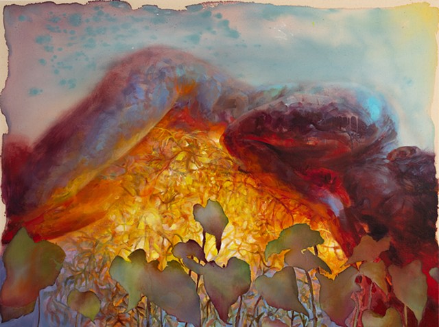 Painting of a reclining woman with glowing plants