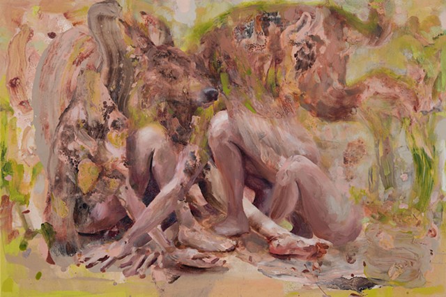 Three hybrid human-animal figures crouch together in earthy pinks and greens, their bodies merging with fur and indeterminate forms, suggesting transformation and interspecies kinship.