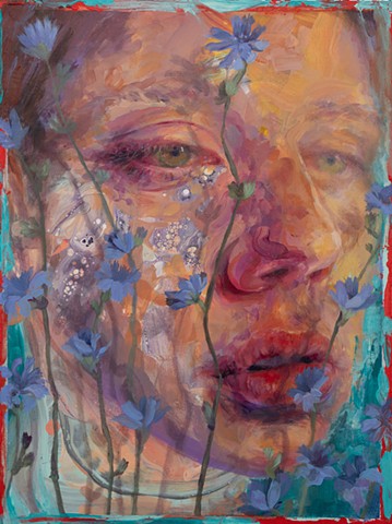 Contemporary portriat painting of a women and flowers
