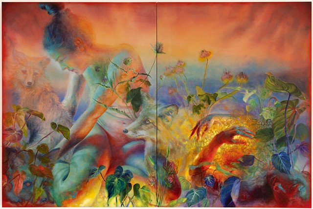 Diptych painting of three foxes and two women in a glowing plant filled landscape, exploring interspecific connections.