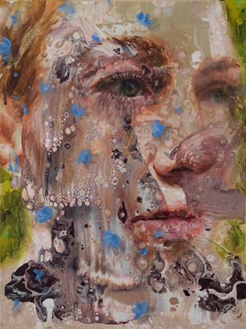 painting of a face with flowers and abstract painted marks
