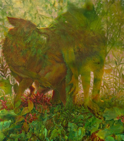 Green painting of a wolf/human transformation