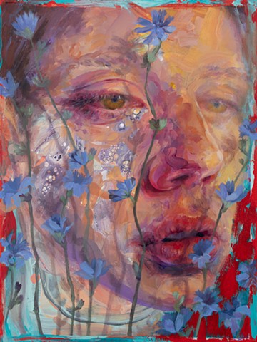 Contemporary portriat painting of a women and flowers