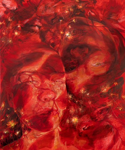 Red painting of two women, glowing flowers, rabbits, and a wolf