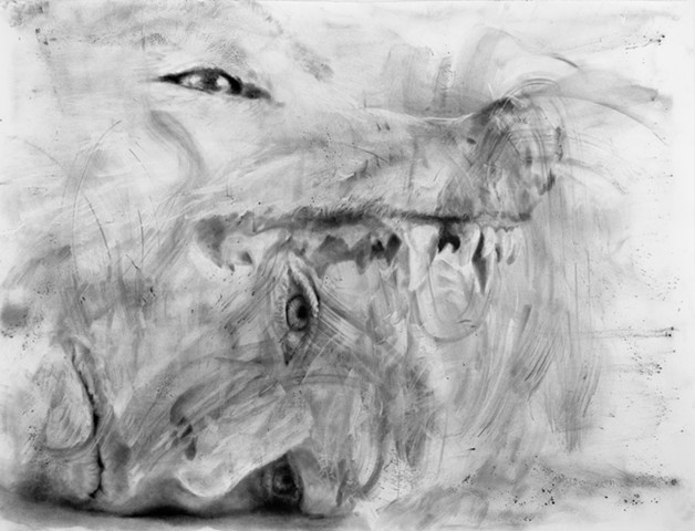 Monochromatic graphite drawing on paper of human head and wolf bearing teeth.