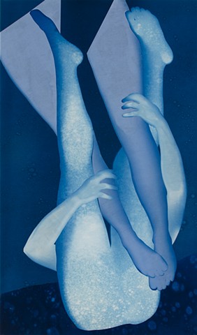 cyanotype, bluprint, collage, legs, female nude