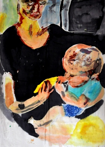painting of woman and child eating mango