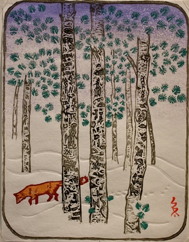 Aspen trees, snow, fox, graffiti,  japanese woodcut