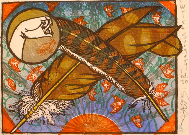 Japanese fan, carpal tunnel,  feathers, woodblock print.