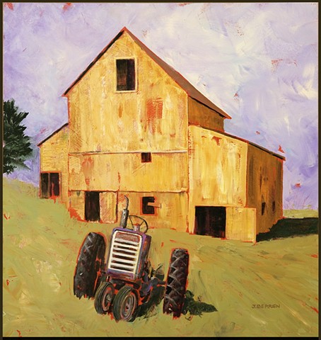 Yellow barn with green John Deere tractor, the one Curt has always coveted.