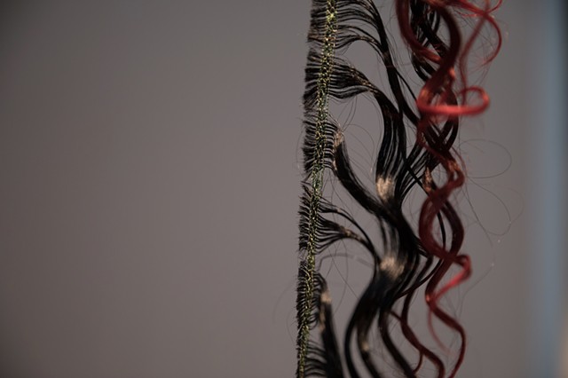 stitched spirogyra algae, mermaid's tresses, algae art, hair art, hair installation