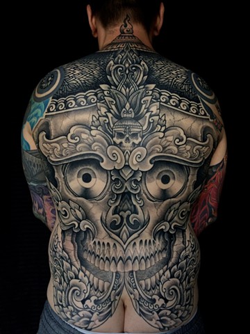 Tibetan Skull Tattoo with Ornamental Patterns by Alvaro Flores Tattooer Melbourne Australia 