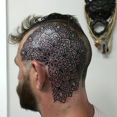 Mandala thai style head tattoo by Alvaro Flores Tattooer from La Flor Sagrada Tattoo Melbourne Australia