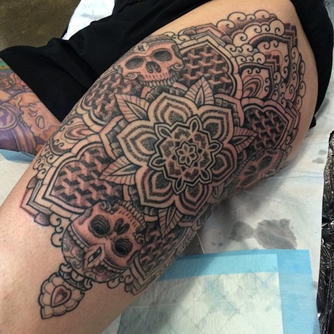 Tattoo of Skull/Mandala design by Alvaro Flores at Korpus Tattoo Studio, Brunswick.