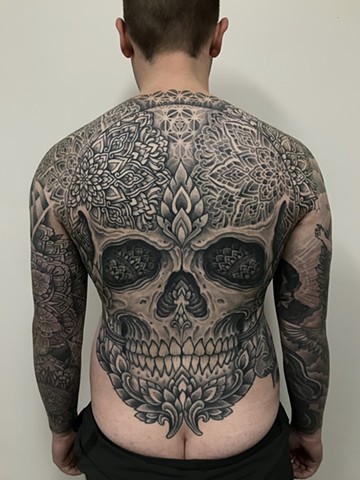 Skull ornamental pattern and dot work mandalas by Alvaro Flores Tattooer from Melbourne Australia