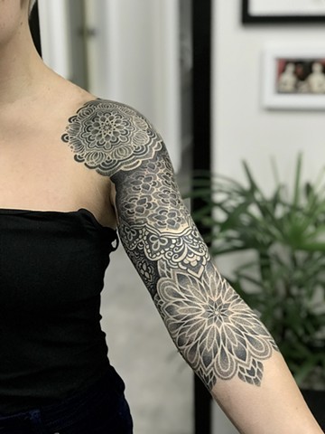 Geometric dotwork mandala and pattern sleeve by Alvaro Flores Tattooer from La Flor Sagrada Tattoo Melbourne Australia
