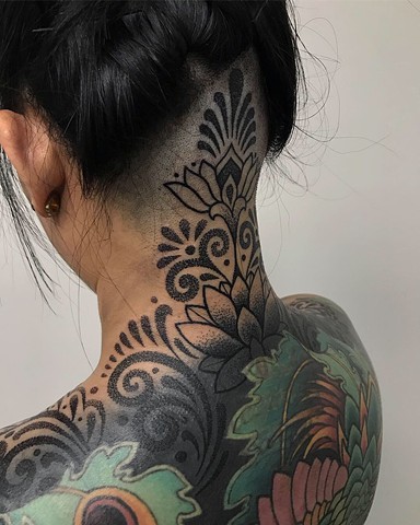 Ornamental floral pattern neck tatto by Alvaro Flores Tattooer from La Flor Sagrada Tattoo Melbourne Australia