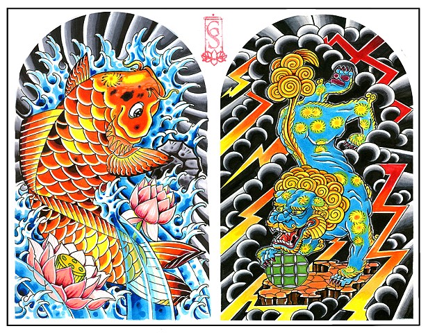 Koi fish & Foo Dog