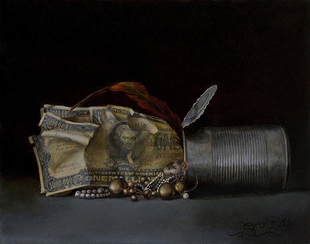 still life, realism, oil painting, classical art, figurative, money, jewelry, riches, tin can, poverty, classism