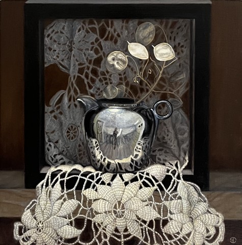 Still life, realist, realism, oil painting, classical, reflection, metal, lace