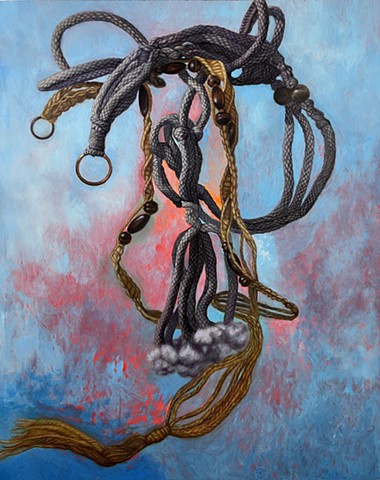Still life, realist, realism, surrealism, surrealist, oil painting, classical, reflection, rope, knots