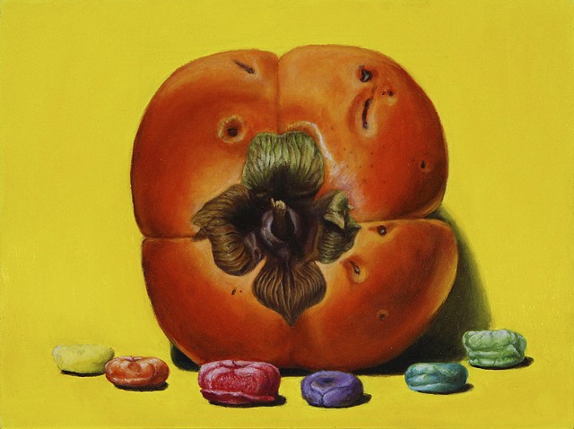 still life, realism, oil painting, classical art, fruit, persimmon, fruit loops cereal, figurative