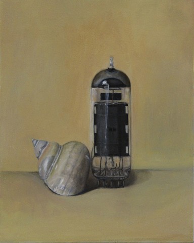 still life, realism, oil painting, classical art, figurative, sea shell, vacuum tube, glass