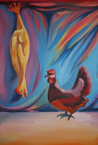 chicken and rooster with fiery background