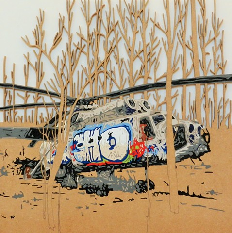 Graffitied helicopter matther spencer war scenes art urban