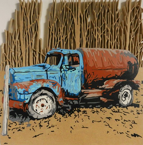 gas truck in woods art naive pop