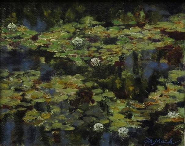 Alla Prima painting of a grouping of water lilies.