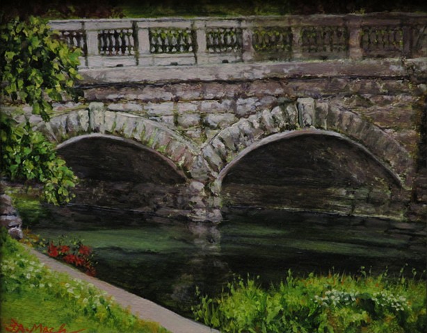 Plein Air painting of an old stone bridge crossing a placid creek.