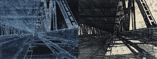 Trace Monotype print of San Francisco Oakland Bay Bridge with Chine Collé on Rives BFK printmaking paper by artist printmaker Debra Jewell