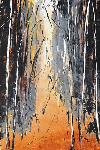 Monotype print of forest on Rives BFK printmaking paper by artist printmaker Debra Jewell