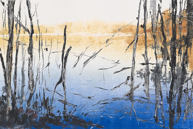 Monotype print of lake and forest reflections on Rives BFK printmaking paper by artist printmaker Debra Jewell