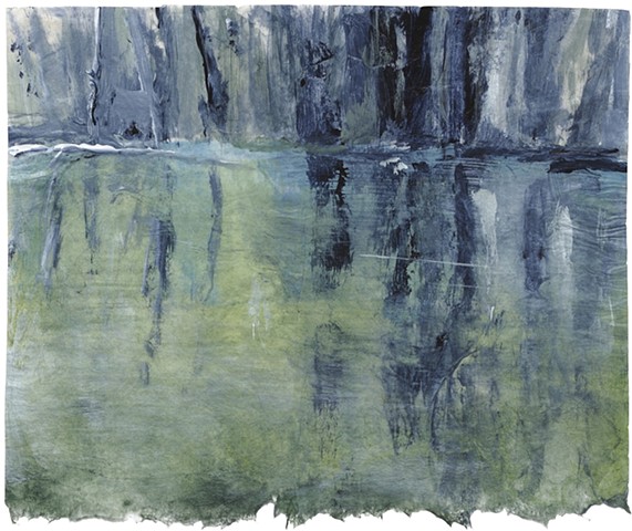 Acrylic painting of lake and forest reflections on handmade Japanese gampi paper by artist printmaker Debra Jewell