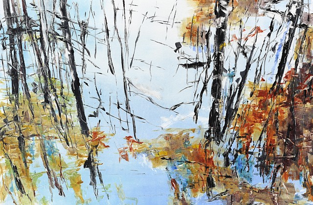 Monotype print of lake and forest reflections on Rives BFK printmaking paper by artist printmaker Debra Jewell