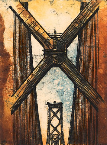 Trace Monotype print of San Francisco Oakland Bay Bridge with Chine Collé on Rives BFK printmaking paper by artist printmaker Debra Jewell