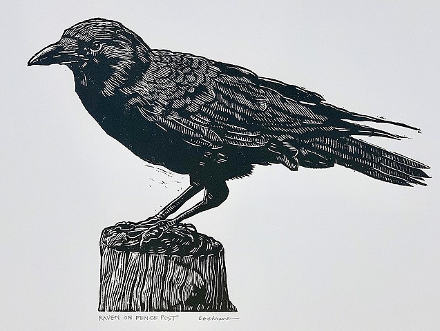 Raven on Fence Post, woodcut, 