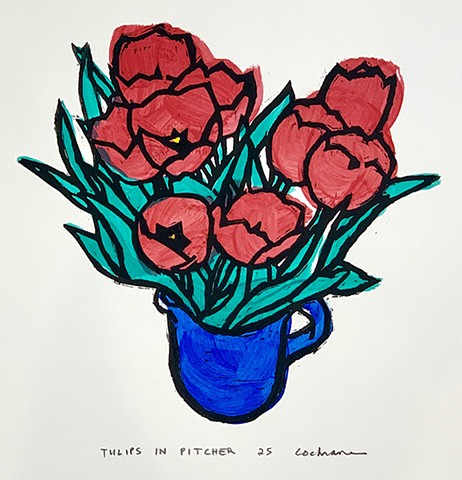 Tulips in Pitcher, woodcut over acrylic paint, 