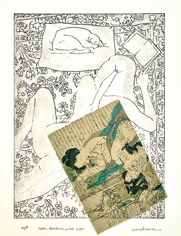 Girl Reading with Cat, etching with Chine Collé