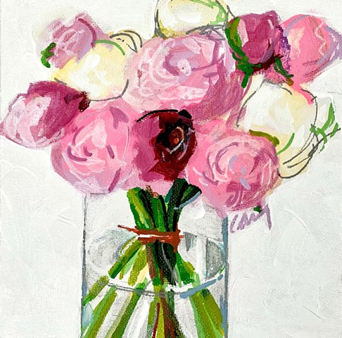 Pink and White Peonies in Glass Vase