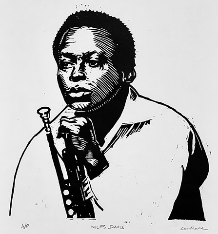 Miles Davis, A/P, woodcut, black ink