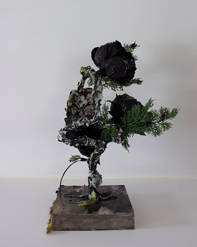 Camouflage portrait sculpture bust with black peonies by Lauren Levato Coyne 