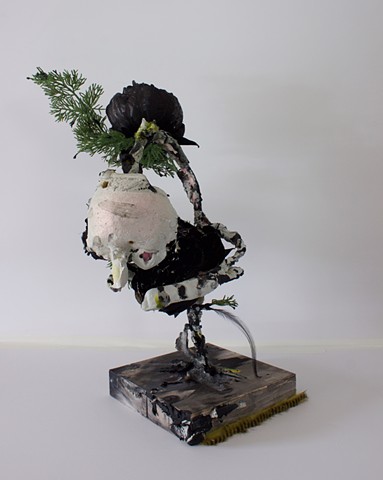 Camouflage portrait sculpture bust with black peonies by Lauren Levato Coyne 