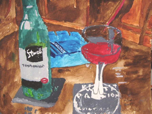 Wine bottle, glass and ashtray.